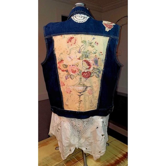 Boho Gypsy Vest Upcycled Denim Jacket Plus Size 20 - Picture 2 of 8